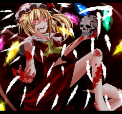 Rule 34 | 1girl, ascot, barefoot, blonde hair, blood, blood on face, blood on clothes, crazy eyes, fangs, female focus, flandre scarlet, glowing, glowing eyes, hat, letterboxed, navel, open mouth, outstretched arm, red eyes, rion (glayjirobass), rion (jirobass), short hair, skull, smile, solo, touhou, wings