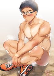 Rule 34 | 1boy, :o, black hair, blue eyes, blush, glasses, indian style, konpenpen, leg hair, looking at viewer, male focus, nipples, nude, on ground, open mouth, original, own hands together, pectorals, shoes, short hair, sitting, sneakers, solo, tan, tanline, thick thighs, thighs, toned, toned male