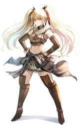 Rule 34 | 1girl, blonde hair, blue eyes, boots, bracelet, brown footwear, brown sleeves, closed mouth, crop top, detached sleeves, floating hair, full body, grey skirt, hair between eyes, hands on own hips, highres, jewelry, knee boots, long hair, long sleeves, looking at viewer, midriff, miniskirt, nail polish, navel, orange nails, original, pencil skirt, simple background, skirt, smile, solo, standing, stomach, sushi (sashimise), twintails, very long hair, white background