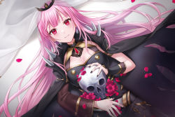 Rule 34 | breasts, bridal veil, cleavage, highres, holding, holding skull, hololive, hololive english, long hair, looking at viewer, lying, medium breasts, mori calliope, on back, pink hair, shiao, shoulder spikes, skull, spikes, veil, virtual youtuber