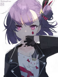 Rule 34 | 1girl, animal ears, black jacket, chibirisu, collarbone, commentary, diamond (shape), fake animal ears, fingerless gloves, gloves, hair ornament, half gloves, hand up, highres, jacket, one side up, open clothes, open jacket, pink eyes, purple hair, rabbit ears, shirt, short hair, signature, simple background, solo, tenjin kotone, tenjin kotone (channel), twitter username, upper body, virtual youtuber, white background