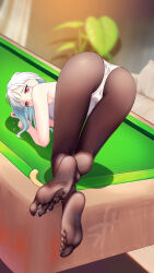 Rule 34 | 1girl, all fours, ass, blue hair, brown pantyhose, cue stick, feet, foot focus, highres, legs, leotard, light blue hair, long hair, looking at viewer, looking back, no shoes, original, pantyhose, playboy bunny, red eyes, soles, solo, strapless, strapless leotard, thighs, toes, wcks0774, white leotard