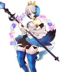 Rule 34 | 1girl, armor, armored boots, armored dress, bad id, bad pixiv id, blue eyes, boots, crown, dress, expressionless, feathers, floral background, gloves, greaves, gwendolyn (odin sphere), leg wings, low wings, nttusksk, odin sphere, polearm, pteruges, short hair, skirt, solo, spear, strapless, strapless dress, thigh boots, thighhighs, weapon, white hair, wings