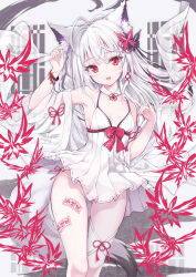 Rule 34 | 1girl, ahoge, animal ears, bare shoulders, blush, bow, breasts, butterfly hair ornament, detached collar, dress, fox ears, fox girl, fox tail, hair ornament, highres, long hair, looking at viewer, off shoulder, original, panties, red bow, red eyes, see-through, see-through dress, small breasts, smile, solo, tail, talisman, tenmu shinryuusai, underwear, white dress, white hair, white panties