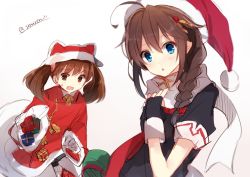 Rule 34 | 10s, 2girls, :d, :o, ahoge, bad id, bad twitter id, blue eyes, blush, bobblehat, box, brown eyes, brown hair, chestnut mouth, christmas, close-up, fingerless gloves, gift, gift box, gloves, hair ornament, hair over shoulder, hairpin, hat, hiiragi souren, kantai collection, looking at viewer, multiple girls, open mouth, parted lips, ryuujou (kancolle), sack, santa costume, santa hat, shigure (kancolle), simple background, smile, sweatdrop, twintails, twitter username, white background