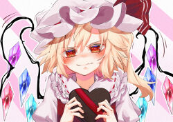 Rule 34 | 1girl, absurdres, blonde hair, blush, box, calpis118, crystal, flandre scarlet, frilled shirt collar, frills, gift, gift box, hat, head tilt, heart, heart-shaped box, highres, holding, holding gift, looking at viewer, mob cap, nervous, red eyes, simple background, solo, touhou, trembling, upper body, valentine, wavy mouth, white background, white hat, wings