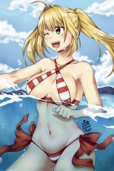 Rule 34 | bikini, blonde hair, blush, caster (nero claudius), fate/grand order, fate (series), green eyes, highres, long hair, sky, smile, swimsuit, twintails, water, wink