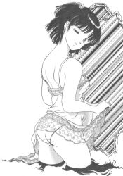 Rule 34 | 1980s (style), 1girl, ass, black hair, bra, breasts, from behind, legs apart, looking at viewer, looking back, maison ikkoku, monochrome, nightgown, retro artstyle, panties, retro artstyle, short hair, solo, standing, tsukiyo no ribbon, underwear, water, white background, wink, yagami ibuki