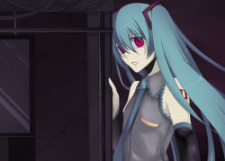 Rule 34 | 1girl, aqua nails, aqua necktie, bare shoulders, detached sleeves, green hair, hair between eyes, harano, hatsune miku, long hair, looking at viewer, looking to the side, nail polish, necktie, parted lips, red eyes, sleeveless, solo, twintails, upper body, vocaloid