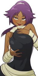 Rule 34 | 1girl, arm warmers, bleach, breasts squeezed together, breasts, contrapposto, dark-skinned female, dark skin, huge breasts, long hair, mike inel, naughty face, ponytail, purple hair, scarf, shihouin yoruichi, solo, tongue, tongue out, transparent background, upper body, white scarf, yellow eyes