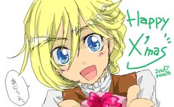 Rule 34 | 00s, 1boy, 2007, artist request, blonde hair, blue eyes, child, christmas, clovis la britannia, code geass, gift, lowres, male focus, merry christmas, rocco, solo, source request, aged down