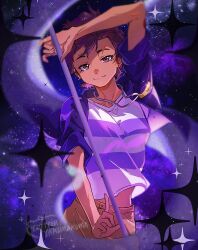 Rule 34 | 1girl, brown eyes, brown hair, dark-skinned female, dark skin, eyebrow cut, holding, holding staff, jacket, jewelry, kuma20151225, looking at viewer, luz noceda, magic, necklace, purple jacket, scar, shirt, short hair, smile, solo, sparkle, staff, striped clothes, striped shirt, the owl house, upper body