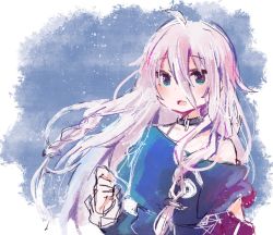 Rule 34 | 1girl, black shirt, blue background, blue eyes, braid, cevio, choker, commentary, hair between eyes, highres, ia (vocaloid), kyuaa, light smile, long hair, looking at viewer, off-shoulder shirt, off shoulder, open mouth, pink hair, shirt, sketch, solo, spaghetti strap, twin braids, upper body, very long hair, vocaloid