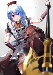 Rule 34 | 1girl, apron, bardiche (weapon), blue eyes, blue hair, braid, brown headwear, dress, earrings, frills, hair between eyes, hair ornament, hairclip, highres, holding, holding weapon, hololive, hoshimachi suisei, hoshimachi suisei (maid), jewelry, looking at viewer, maid apron, medium hair, open mouth, polearm, shinomiya shino (sinosino141), skirt, smile, solo, virtual youtuber, weapon