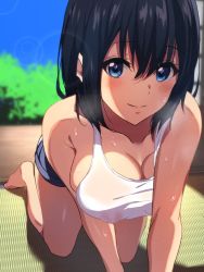 Rule 34 | 1girl, all fours, bare arms, bare shoulders, black hair, blue eyes, blush, breasts, cleavage, crawling, covered erect nipples, highres, large breasts, looking at viewer, medium hair, no bra, original, see-through, shirt, short shorts, shorts, smile, sweat, tank top, tatami, wet, wet clothes, wet shirt, white tank top