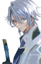 Rule 34 | 1boy, black gloves, blood, blood on clothes, blood on face, blue eyes, commentary, genshin impact, gloves, hair between eyes, highres, holding, holding sword, holding weapon, kamisato ayato, male focus, mole, mole under mouth, parted lips, silver hair, simple background, solo, sword, symbol-only commentary, twitter username, ueauwa, upper body, weapon, white background