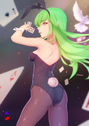 Rule 34 | 1girl, animal ears, arm up, ass, back, bare arms, bare shoulders, bird, black hairband, black leotard, black pantyhose, breasts, c.c., card, code geass, commentary request, cowboy shot, fake animal ears, from behind, green hair, hairband, half-closed eye, highres, holding, holding card, kugutsu (961598140), legs apart, leotard, long hair, looking back, open mouth, pantyhose, playboy bunny, rabbit ears, rabbit girl, rabbit tail, shoulder blades, sideboob, solo, standing, strapless, strapless leotard, tail, uneven eyes, wrist cuffs, yellow eyes