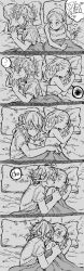 Rule 34 | 1boy, 1girl, 5koma, @ @, blanket, blush, breasts, camisole, cleavage, closed eyes, comic, couple, dekoboko021, from above, greyscale, hetero, highres, hug, kiss, kissing cheek, link, looking at another, lying, medium breasts, monochrome, nintendo, on side, parted bangs, pillow, pointy ears, princess zelda, shirt, short hair, sleeping, sleeveless, spoken squiggle, spooning, squiggle, sweat, the legend of zelda, the legend of zelda: breath of the wild, thought bubble