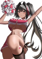 Rule 34 | 1girl, ahoge, arms up, bandaid, bandaid on arm, bandaid on stomach, bandaid on thigh, bay (nikke), black hair, black thighhighs, breasts, cheerleader, crop top, crop top overhang, dark-skinned female, dark skin, enun, goddess of victory: nikke, grey eyes, hair between eyes, hair intakes, highleg, highleg panties, highres, holding, holding pom poms, knee up, large breasts, linea alba, long hair, looking at viewer, mole, mole under mouth, multicolored hair, panties, pom pom (cheerleading), pom poms, ponytail, red hair, solo, star sticker, sticker on face, stomach, streaked hair, sweat, thighhighs, thighs, two-tone skirt, two-tone tank top, underboob, underwear, very long hair, white background, white panties