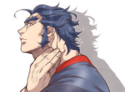 Rule 34 | 1boy, aged down, blue hair, daikoku (housamo), dark blue hair, from side, hand on own neck, kizami nori to yamaimo, looking at viewer, male focus, medium hair, red eyes, shadow, sideburns, solo, thick eyebrows, tokyo houkago summoners, white background