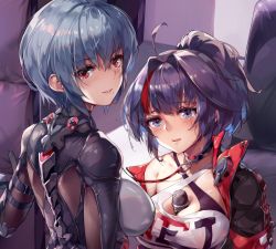 Rule 34 | 2girls, back, bare shoulders, between breasts, black bodysuit, black jacket, bodysuit, breasts, cleavage, couch, grey hair, honkai (series), honkai impact 3rd, jacket, long hair, microphone, mole, mole under mouth, multiple girls, open clothes, open jacket, open mouth, paid reward available, ponytail, purple eyes, purple hair, raiden mei, raiden mei (shadow dash), raven (honkai impact), shirt, short hair, white shirt, zomzomzomsauce
