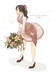 Rule 34 | 1girl, a~chan, black hair, bouquet, brown eyes, dress, flower, full body, happy birthday, high heels, leaning forward, lily (flower), looking at viewer, maru (memoriatechnica), perfume (band), ponytail, shoes, solo, sparkle, standing, vest