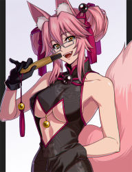 Rule 34 | 1girl, animal ear fluff, animal ears, bow, breasts, cleavage, commentary request, fate/grand order, fate (series), fox ears, fox girl, fox tail, glasses, gloves, hair between eyes, koyanskaya (chinese lostbelt outfit) (fate), koyanskaya (fate), large breasts, long hair, looking at viewer, open mouth, pink hair, sidelocks, smile, solo, tail, tamamo (fate), yellow eyes, zanshi