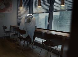 Rule 34 | 1girl, angel, angel wings, window blinds, blonde hair, cafe, chair, coffee cup, commentary request, cup, disposable cup, feathered wings, halo, indoors, kaname (emanalc), original, pants, poster (object), rain, shoes, sitting, sneakers, solo, water drop, white wings, wide shot, window, wings