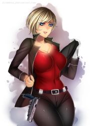 1girl artist_name belt blonde_hair blue_eyes breasts brown_belt cleavage collarbone commentary commission cowboy_shot damillia_seraph destiny_(game) eve_online flowerxl gradient_hair grey_jacket grey_pants gun hand_up handgun hawkmoon_(destiny) jacket large_breasts lip_piercing lip_ring lips long_sleeves looking_at_viewer mechanical_arms multicolored_hair original pants parted_lips piercing prosthesis prosthetic_arm red_shirt shirt short_hair single_mechanical_arm solo teeth watermark weapon web_address