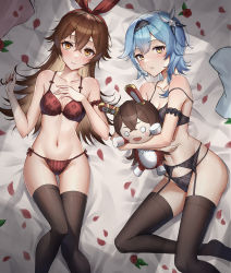 Rule 34 | 2girls, absurdres, amber (genshin impact), bare arms, bare shoulders, baron bunny (genshin impact), bed sheet, black bra, black hairband, black panties, black thighhighs, blue hair, blush, bra, breasts, brown eyes, brown hair, cleavage, commentary request, eula (genshin impact), feet out of frame, garter belt, genshin impact, hair between eyes, hair ribbon, hairband, highres, holding, holding stuffed toy, long hair, looking at viewer, lying, multiple girls, myske (myst34415756), navel, no shoes, on back, panties, parted lips, petals, red bra, red panties, red ribbon, ribbon, rose petals, short hair, side-tie panties, small breasts, stomach, strap slip, stuffed toy, thighhighs, thighs, underwear, underwear only, very long hair, yellow eyes