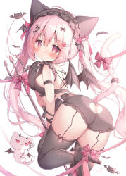 1girl animal_hands armband ass bare_back bat_wings black_armband black_bow black_footwear black_hairband black_panties black_thighhighs black_wings blush bow breasts cat_tail closed_mouth clothing_cutout commentary foot_up frilled_hairband frills from_behind gloves hair_between_eyes hair_ornament hairband hairpin heart_cutout high_heels highres large_breasts long_hair looking_at_viewer looking_back momozu_komamochi multiple_hairpins original paid_reward_available panties paw_gloves pink_bow pink_eyes pink_hair polearm solo tail tail_bow tail_ornament thighhighs thighs trident twintails twintails_day underwear very_long_hair weapon wings