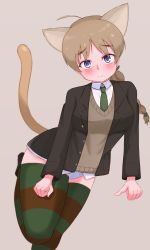 Rule 34 | 1girl, absurdres, ahoge, animal ears, artist request, black shirt, blonde hair, blue eyes, braid, breasts, cat ears, cat tail, highres, long hair, long sleeves, looking at viewer, lynette bishop, medium breasts, necktie, ponytail, shirt, strike witches, striped clothes, striped thighhighs, sweater vest, tail, thighhighs, world witches series