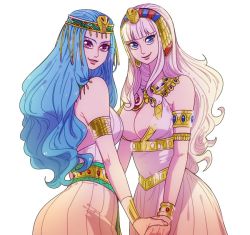 Rule 34 | 2girls, armlet, blue eyes, blue hair, bracelet, breasts, cleavage, crossover, dress, earrings, egyptian clothes, egyptian dress, egyptian necklace, fairy tail, female focus, hair ornament, holding hands, jewelry, large breasts, long hair, millorart, mirajane strauss, multiple girls, necklace, nefertari vivi, one piece, piercing, pink eyes, princess, smile, traditional clothes, wavy hair, white hair
