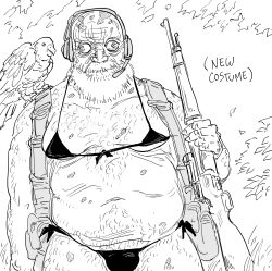 Rule 34 | 1boy, bald, bb (baalbuddy), beard, bikini, bird, bulge, closed mouth, commentary, crossdressing, english commentary, english text, facial hair, greyscale, gun, headphones, headset, highres, holding, holding gun, holding weapon, konami, male focus, metal gear (series), metal gear solid 3: snake eater, microphone, monochrome, navel, old, old man, parody, parrot, rifle, sniper rifle, solo, swimsuit, the end (metal gear), wall-eyed, weapon