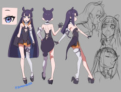 Rule 34 | 1girl, :o, black dress, blush, character sheet, commentary, detached sleeves, dress, english commentary, eyebrows hidden by hair, fang, hair behind ear, high heels, highres, hololive, hololive english, holomyth, long hair, multiple views, ninomae ina&#039;nis, open hands, open mouth, platform clogs, platform footwear, pointy ears, purple eyes, purple hair, simonbeed, single detached sleeve, single thighhigh, sketch, strapless, strapless dress, tearing up, thighhighs, tube dress, unfinished, very long hair, virtual youtuber, walking