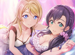 Rule 34 | 10s, 2girls, artist name, ayase eli, blonde hair, blue eyes, breasts, cleavage, closed mouth, commentary, frills, green eyes, hair ornament, hair scrunchie, highres, large breasts, long hair, looking at viewer, love live!, love live! school idol festival, love live! school idol project, low twintails, multiple girls, parted lips, pillow, purple hair, scrunchie, shamakho, sleepwear, smile, tojo nozomi, twintails, yuri