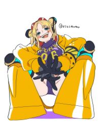 Rule 34 | 1girl, ass, black gloves, blonde hair, blue eyes, boots, breasts, crop top, double bun, freckles, gloves, goggles, goggles on head, hair bun, headgear, highres, jacket, large breasts, long hair, long sleeves, one piece, orange footwear, orange jacket, revealing clothes, smile, solo, squatting, tongue, tongue out, twintails, ususmomo, vegapunk york, very long hair, white background, yellow jacket