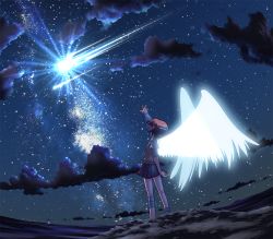 Rule 34 | 1girl, angel wings, bandages, brown hair, female focus, from behind, fumotono mikoto, glowing, hayabusa (spacecraft), looking up, night, night sky, original, outdoors, outstretched arm, outstretched hand, personification, pleated skirt, reaching, school uniform, shooting star, short hair, skirt, sky, solo, standing, sweater vest, toaru majutsu no index, wings