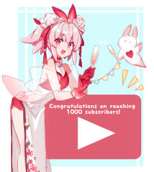 Rule 34 | absurdres, congratulations, crop top, dress, english text, glasses, gloves, highres, indie virtual youtuber, macchoko, open mouth, original, pink dress, pink eyes, pink hair, pink shirt, rabbit, ryuhyo rione, shirt, short twintails, simple background, thick eyebrows, twintails, virtual youtuber, white dress