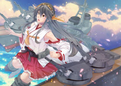 Rule 34 | 1girl, armpits, bare shoulders, blue sky, boots, breasts, brown eyes, cannon, cloud, detached sleeves, frilled skirt, frills, grey hair, hair between eyes, hair ornament, hairclip, hakama, hakama skirt, haruna (kancolle), haruna kai ni (kancolle), headgear, japanese clothes, kantai collection, long hair, looking at another, map (blue catty), medium breasts, nontraditional miko, ocean, open mouth, outdoors, pleated skirt, red skirt, skirt, sky, solo, turret, wide sleeves