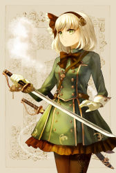 Rule 34 | 1girl, alternate costume, alternate weapon, bad id, bad pixiv id, bow, brown bow, brown pantyhose, commentary request, cowboy shot, dress, expressionless, gears, gloves, green dress, green eyes, grey background, hair ornament, hair ribbon, high collar, keiko (mitakarawa), konpaku youmu, konpaku youmu (ghost), layered skirt, looking to the side, military, military uniform, orange skirt, pantyhose, patterned background, ribbon, saber (weapon), skirt, solo, standing, sword, touhou, uniform, unsheathed, weapon, white gloves