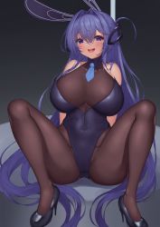 Rule 34 | 1girl, absurdres, animal ears, azur lane, bare shoulders, blue eyes, blue hair, blush, bodystocking, breasts, cleavage, fake animal ears, high heels, highres, large breasts, legs, leotard, long hair, looking at viewer, necktie, new jersey (azur lane), new jersey (exhilarating steps!) (azur lane), open mouth, pinkcap, playboy bunny, pole, rabbit ears, see-through, see-through cleavage, solo, strapless, strapless leotard, stripper pole, very long hair