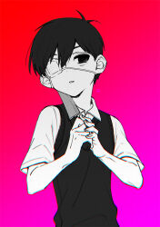 Rule 34 | 1boy, antenna hair, chromatic aberration, collared shirt, dot nose, empty eyes, expressionless, eyepatch, gradient background, greyscale with colored background, hair between eyes, hands up, highres, holding, holding knife, kitchen knife, knife, looking to the side, male focus, medical eyepatch, omori, one eye covered, own hands together, parted lips, purple background, red background, shirt, short hair, short sleeves, simple background, solo, sunny (omori), sweater vest, toastytoast, two-tone background, upper body