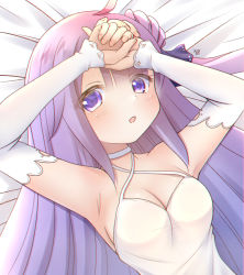 Rule 34 | 1girl, ahoge, armpits, arms up, azur lane, bed sheet, breasts, choker, cleavage, commentary request, detached sleeves, dress, hair bun, hair ribbon, long hair, looking at viewer, lying, mirun (funimani), one side up, parted lips, purple eyes, purple hair, ribbon, side bun, sidelocks, single hair bun, single side bun, solo, unicorn (azur lane), white dress
