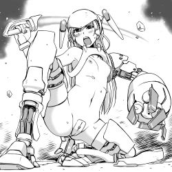 Rule 34 | 1girl, armpits, blush, breasts, c-string, cyborg, energy sword, greyscale, helmet, laser sword, looking at viewer, maebari, matsui celine, mechanical arms, monochrome, open mouth, robot ears, mechanical legs, single mechanical arm, small breasts, solo, squatting, strapless bottom, sweat, sword, weapon