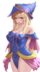 Rule 34 | 1girl, arms behind back, bare shoulders, blonde hair, blue hat, breasts, cleavage, collarbone, commentary request, cosplay, dark magician girl, dark magician girl (cosplay), ear piercing, earrings, gweda, hat, highres, jewelry, kitagawa marin, long hair, looking at viewer, medium breasts, open mouth, pentagram, piercing, red eyes, simple background, solo, sono bisque doll wa koi wo suru, thighs, white background, wizard hat, yu-gi-oh!, yu-gi-oh! duel monsters