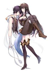 Rule 34 | 1boy, 1girl, aki663, ayer, bandages, bandaged arm, bandages, black hair, brother and sister, brown hair, carrying, gloves, goggles, goggles on head, granblue fantasy, jessica (granblue fantasy), long hair, princess carry, short hair, siblings, thighhighs, white gloves