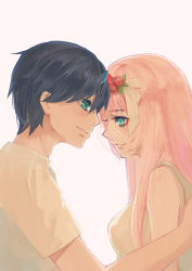 Rule 34 | 10s, 1boy, 1girl, absurdres, bad id, bad pixiv id, bare shoulders, black hair, blue eyes, breasts, chu dengdeng, closed mouth, commentary, couple, darling in the franxx, eyeshadow, flower, forehead-to-forehead, fringe trim, from side, green eyes, hair flower, hair ornament, heads together, hetero, highres, hiro (darling in the franxx), horns, large breasts, long hair, looking at viewer, makeup, nightgown, oni horns, pink hair, red horns, shirt, short hair, sleeveless, sleeveless shirt, white nightgown, white shirt, zero two (darling in the franxx)