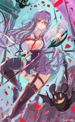 Rule 34 | 1girl, black thighhighs, breasts, clock, clock tower, high-waist skirt, highres, holding, holding sheath, holding sword, holding weapon, large breasts, long hair, long sleeves, nagasawa tougo, open clothes, open shirt, original, petals, pointy footwear, purple hair, red eyes, rose petals, saber (weapon), sheath, shirt, shirt tucked in, shoes, skirt, solo, sword, thighhighs, tower, weapon, white shirt