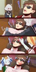 Rule 34 | 1boy, 3girls, bow, bowtie, clenched teeth, closed eyes, comic, commentary request, covering with blanket, drawing on another&#039;s face, hair bow, highres, hoshikawa lily, indoors, jacket, konno junko, multiple girls, nikaidou saki, school uniform, sleeping, smile, sunglasses, tatsumi koutarou, teeth, translation request, yonedatomo mizu, zombie land saga